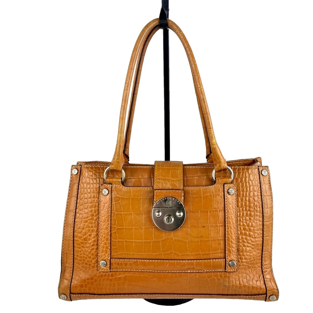 Vtg Michael Kors Leather Satchel Purse Handbag British Tan Brown Croc Embossed